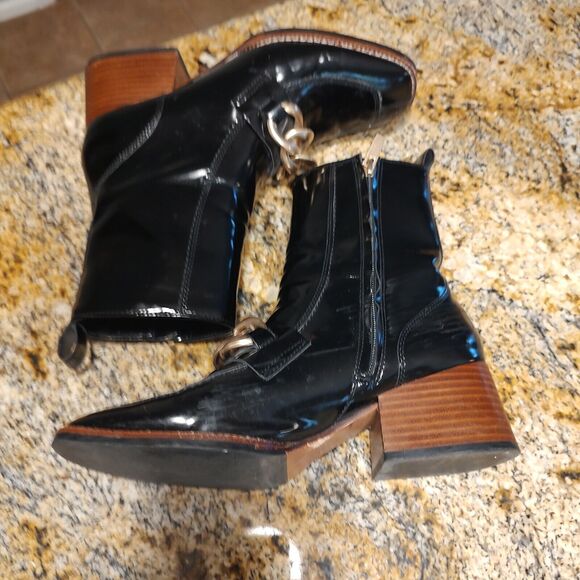 Steve Madden Loreen Black Patent Chunky Heel Gold Chain Mid Calf Boot Sz 8.5M - Picture 7 of 12